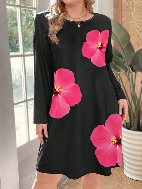 Fashion round neck long sleeve printed medium and long dress women m300730