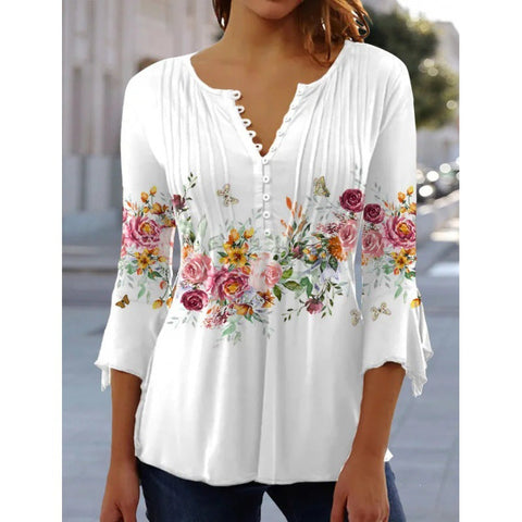 Printed V-neck short sleeve pleated button T-shirt bottoming shirt m300032