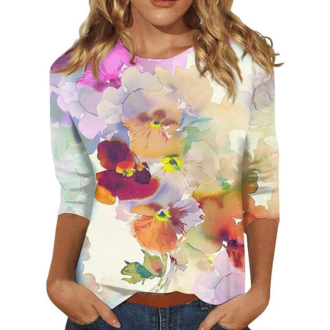 Seven-quarter sleeve plant flower 3D printing crew neck pullover m300615