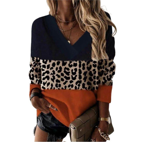 Autumn and winter new v-neck leopard print splicing long-sleeved sweater m300551