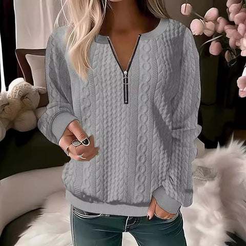 Long-sleeved solid color V-neck zipper T-shirt top m300390