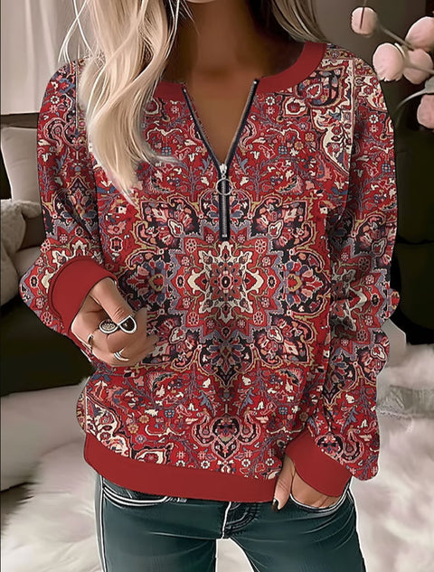 Printed V-neck zipper loose knitted shirt m300663