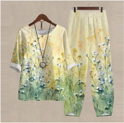 Split sleeved printed top and pants two-piece set m300036