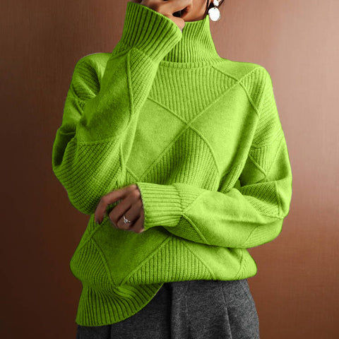 Pullover loose temperament commuter knitted sweater solid color turtleneck rhombus fashion sweater women's m300510