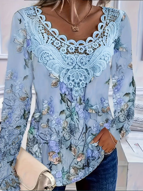 Digital printing lace round neck hollow top m300654