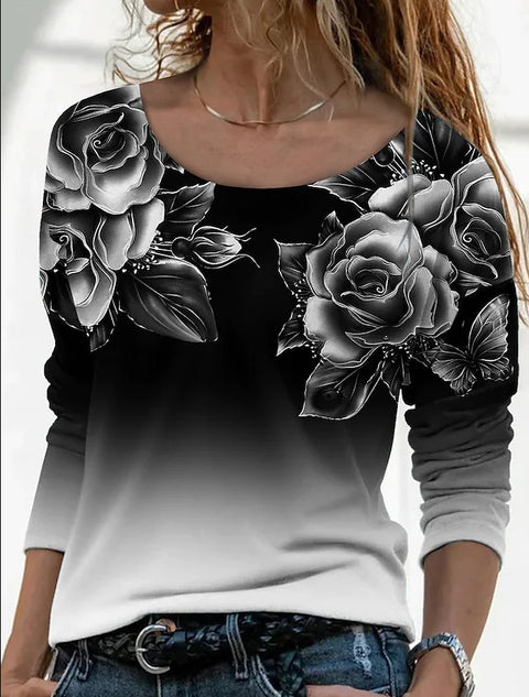 Long Sleeve Loose Crew Neck Casual Pullover 3D Printed T-Shirt Women's m300857