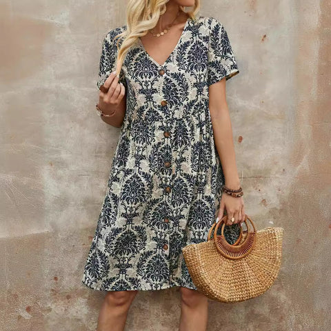 Fashion printed V-neck short-sleeved loose medium dress m301014