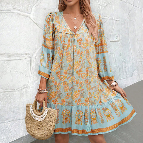 Loose casual v-neck lace-up printed dress m300870