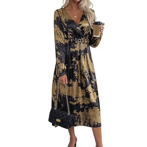 Temperament v-neck long-sleeved A-pendulum bronzing dress autumn women's high-end m300808