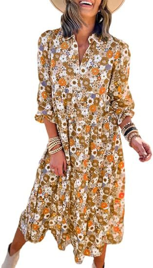 Loose long-sleeved V-neck women's bohemian floral elegant A-shaped dress m300573