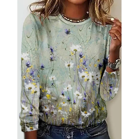 Long Sleeve T-Shirt Women's Solid Color Flower m300934