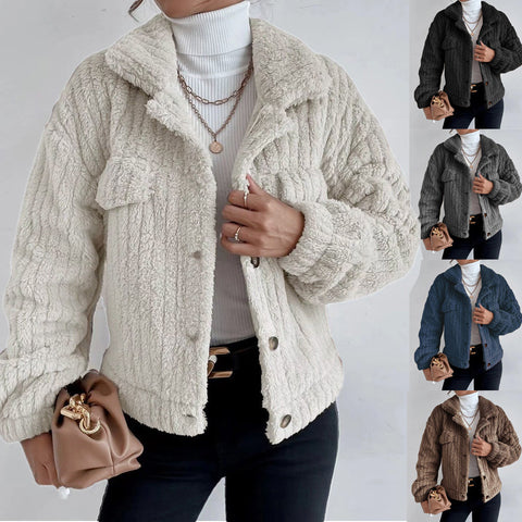 Lapel fleece comfortable casual women's clothing thickened plush jacket m300354