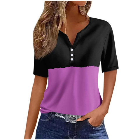 V-neck three-button 3D printed short-sleeved women's top m300617