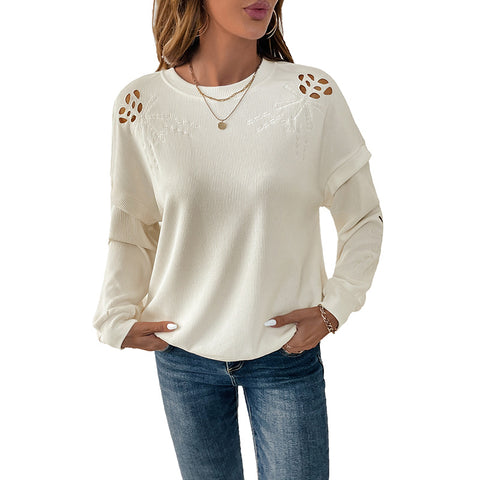 Crew neck sweater casual long-sleeved texture pullover embroidered splicing top m300812