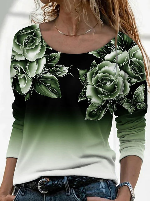 Long Sleeve Loose Crew Neck Casual Pullover 3D Printed T-Shirt Women's m300857