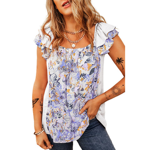 Pleated short-sleeved bohemian floral print vest t-shirt top m301034