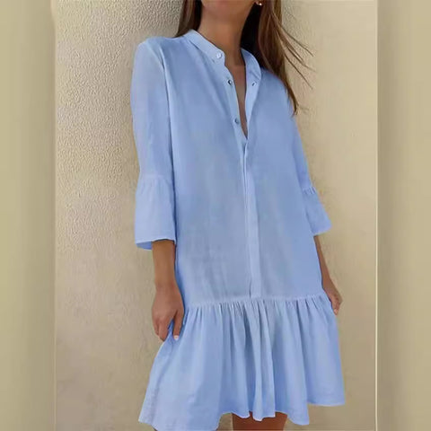 Stand-up collar button-down nine-quarter sleeve shirt cotton pleated hem dress m300679