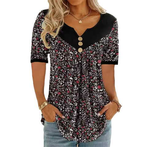 Small floral splicing button casual short-sleeved top m300662