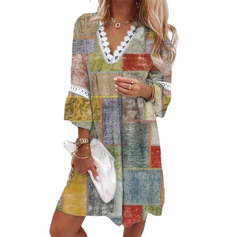 V-neck Printed Lace Stitching Bohemian Casual Vacation Style Dress M300213