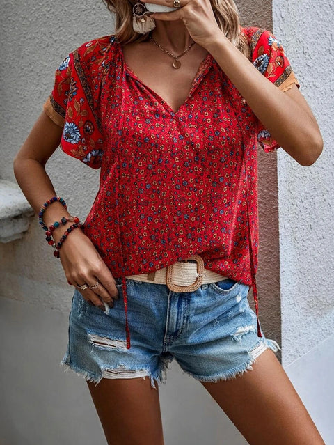 Casual famous style print V-neck short-sleeved loose shirt m300885