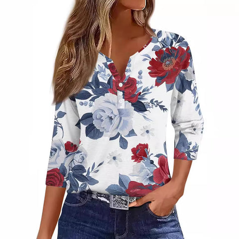 Marble pattern V-neck three-button seven-quarter sleeve women's clothing m300581