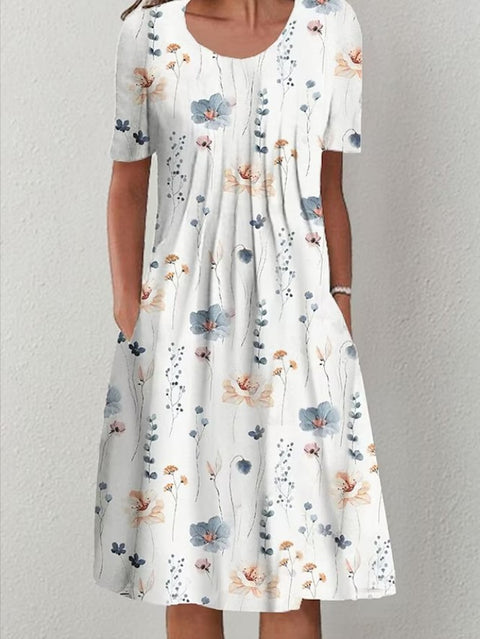 Spring/Summer Flower Printed Round Neck Pocket Mid length Dress for Women's Clothing m300037