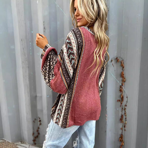 Casual shirt contrasting striped round neck bag sleeve loose sweater women's upper m301015