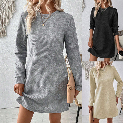 Autumn and winter dress simple and versatile texture round neck long-sleeved short skirt m300702