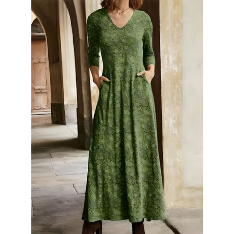 Cotton printed V-neck pocket long sleeve dress m300706