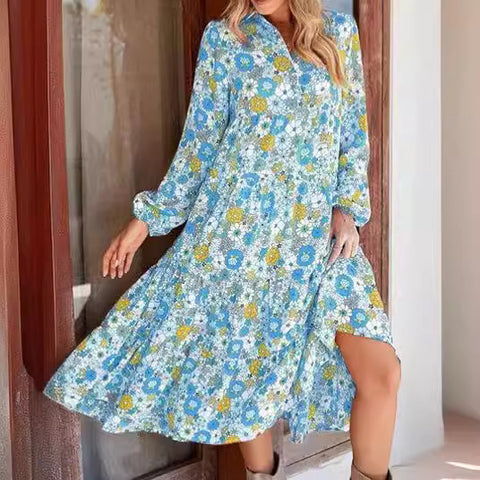 Loose long-sleeved V-neck women's bohemian floral elegant A-shaped dress m300573