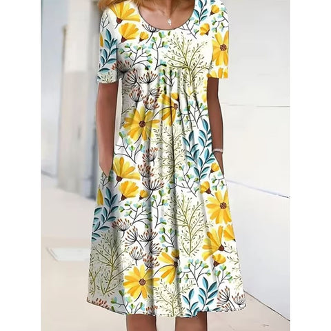 Spring/Summer Flower Printed Round Neck Pocket Mid length Dress for Women's Clothing m300037