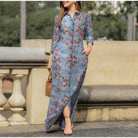 Women's Casual Positioning Printing Pocket Lapels Collar Button Length Dress M300186