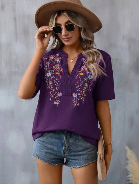 10,000-Needle Embroidered Splicing Lace Top Women's T m300884