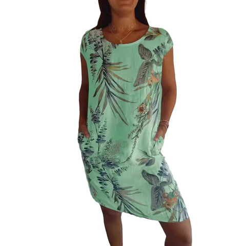 Round neck loose fitting short sleeved printed dress m300103