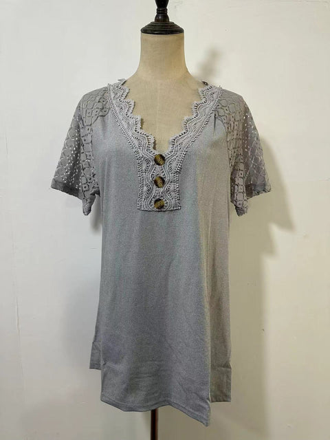 Comfort and Casual Lace Short Sleeve Stitching V-neck Pullover M300159