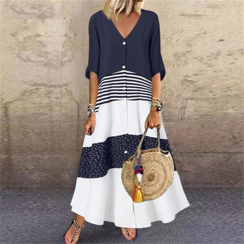 V-neck Short Sleeve Printed Long Dress Button Casual Skirt M300187