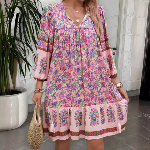 Loose casual v-neck lace-up printed dress m300870