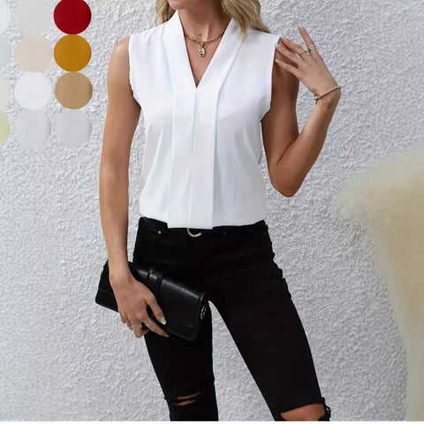 women's clothing solid color elegant temperament sleeveless vest V-neck shirt m300968