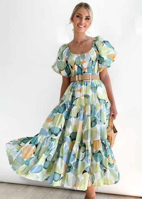 Puff Sleeve Holiday Slim Looking Long Dress off-Shoulder Printed Dress Female M300282