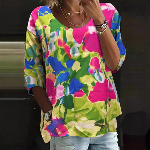 Fashion Printed Flower Crew Neck Casual Loose Shirt m300407