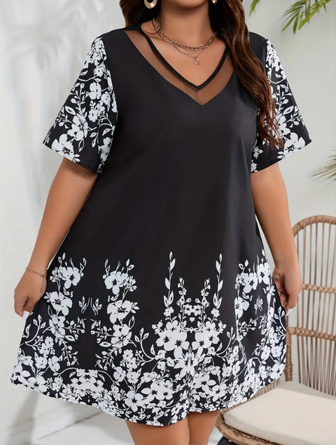 Loose Comfort and Casual Printed Stitching Mesh Short Sleeve Dress M300199