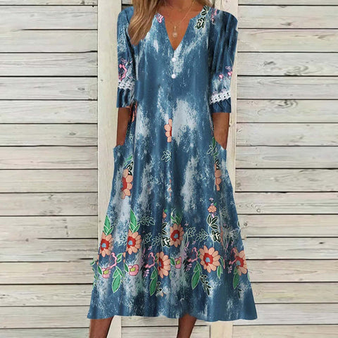 Printed Button Half Sleeve Dress M300188