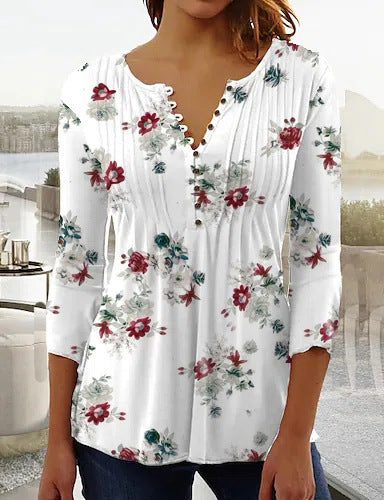 Printed V-neck short sleeve pleated button T-shirt bottoming shirt m300032