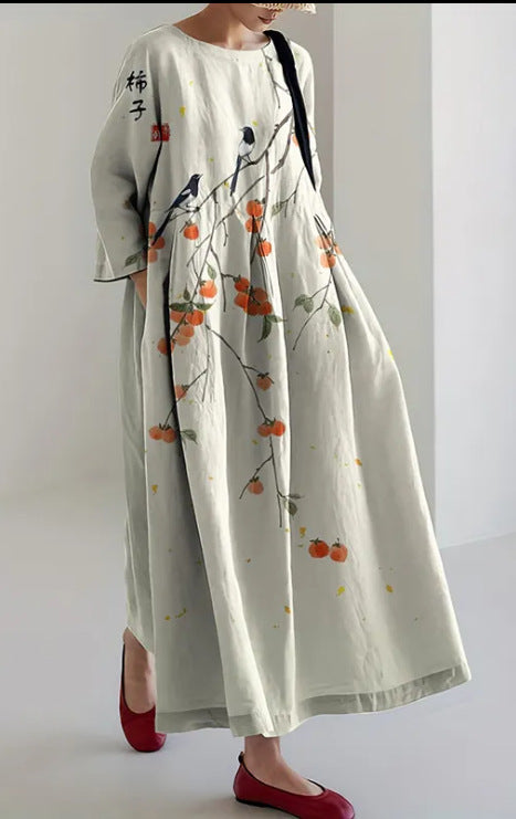 Loose new retro floral loose women's printed long dress m300916