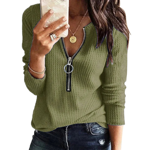 Knitted V-neck Long-Sleeve Zipper Top plus Size T-shirt Female M300174