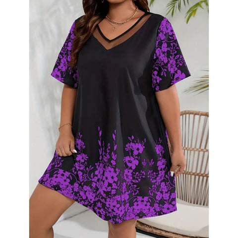 Loose Comfort and Casual Printed Stitching Mesh Short Sleeve Dress M300199