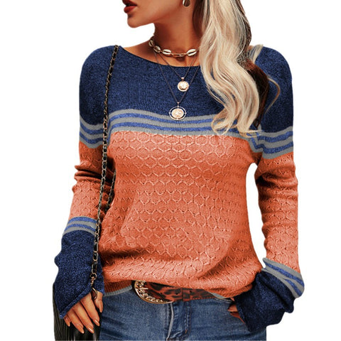 Women's hook-up temperament commuter long-sleeved knitted striped color-matching crew neck sweater m300499