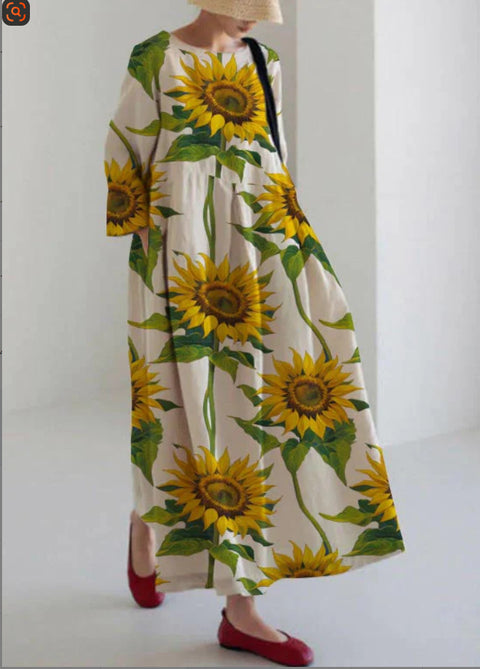 Loose new retro floral loose women's printed long dress m300916