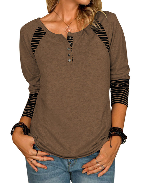 Women's Long-Sleeved Printed Striped Casual T-shirt Top Female M300352