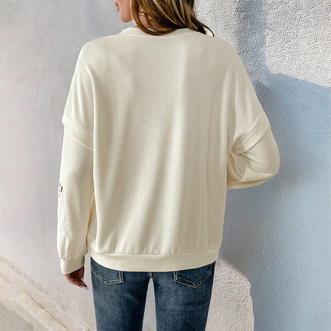 Crew neck sweater casual long-sleeved texture pullover embroidered splicing top m300812